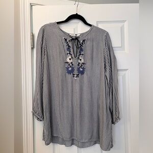 Old Navy Dark Blue Striped Tunic Shirt with Embroidered Flowers - Size L